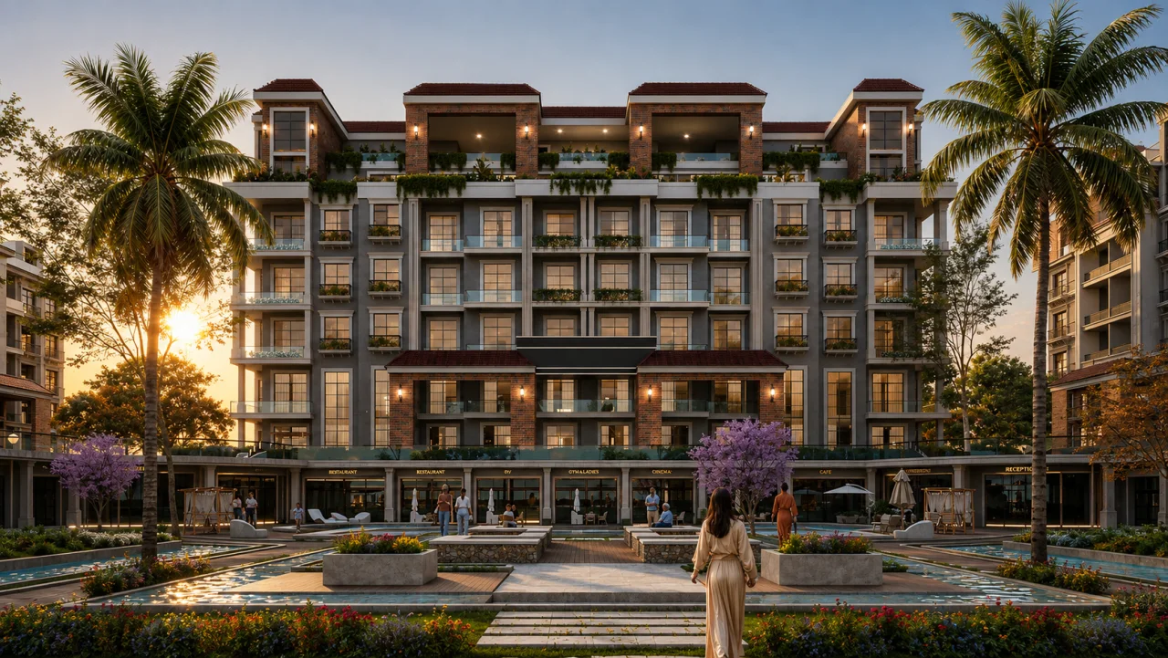 Peerage Residence residential facade at sunset with landscaped water features