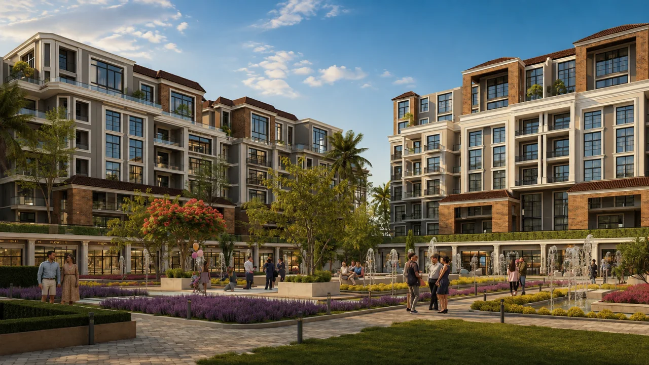 Residents in the shared landscaped plaza at Peerage Residence